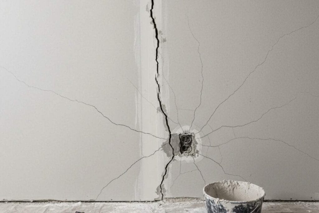 large vertical crack in a drywall surface