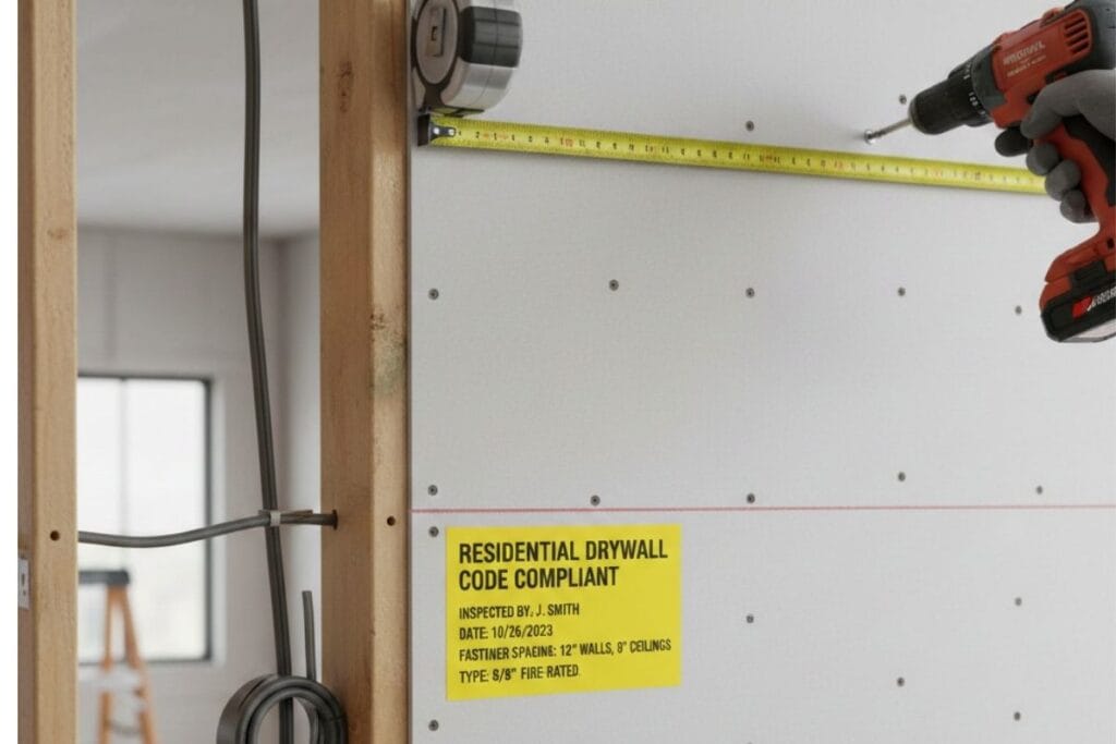 residential drywall code for installation featuring a yellow inspection sticker