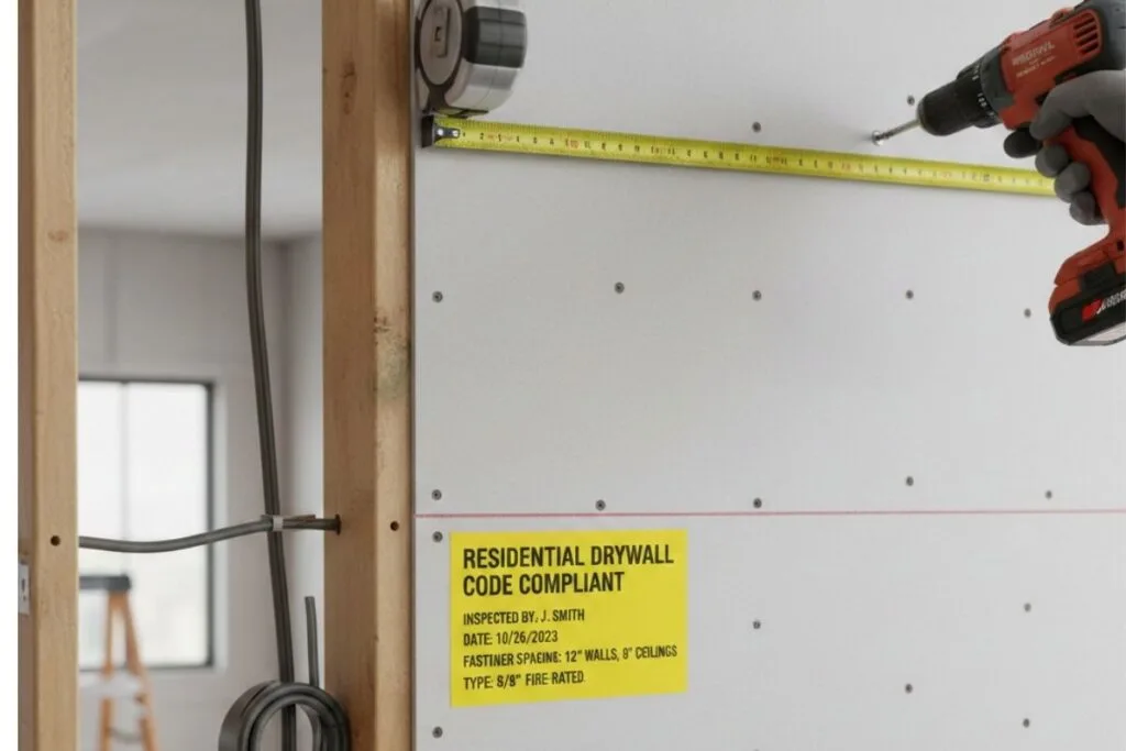 residential drywall code for installation featuring a yellow inspection sticker