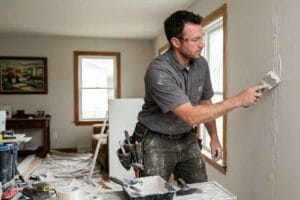 working on home renovation by applying a plaster filler