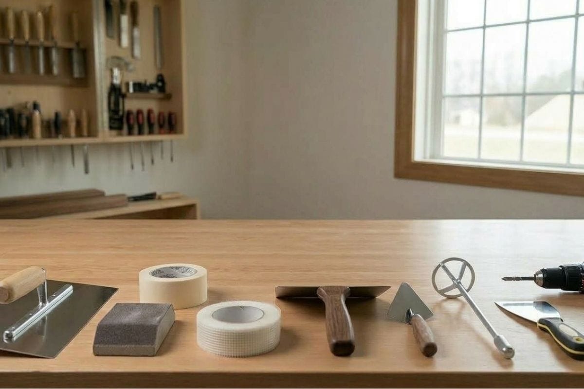 variety of DIY home improvement and repair tools used for drywall installation