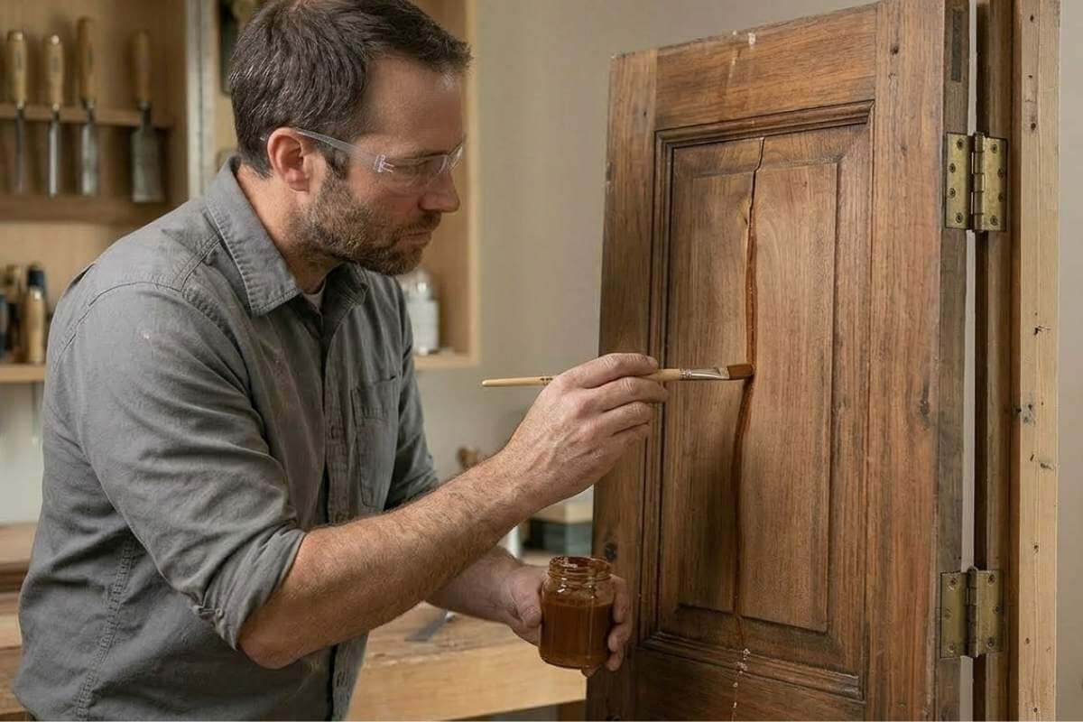 person carefully applying a substance to a crack in a wooden door panel
